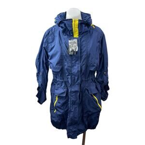 NEW Bonnie Alex Women's Blue Hooded Long Sleeve Parka Rain Coat Jacket Size M/L